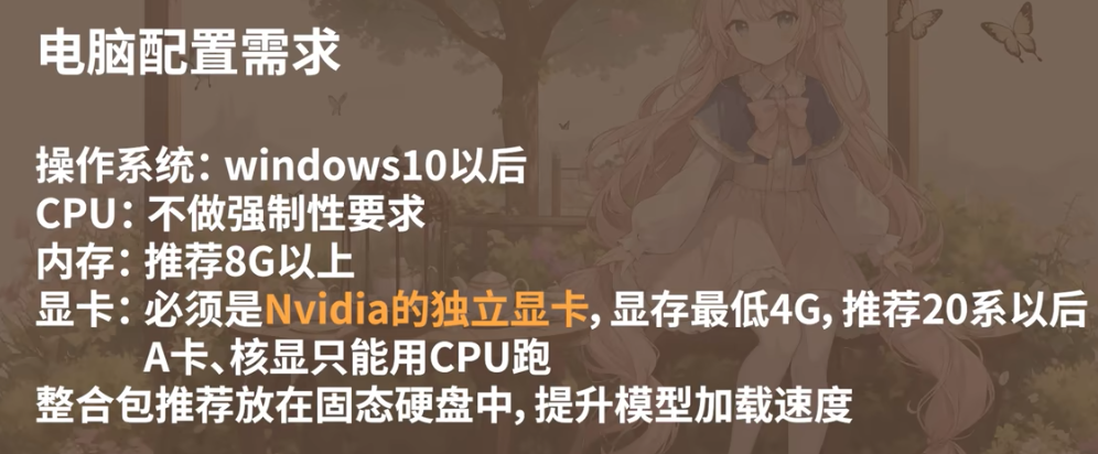 运行ai绘画需要Windows 10以后的系统、8g以上内存、NVIDIA独立显卡等配置